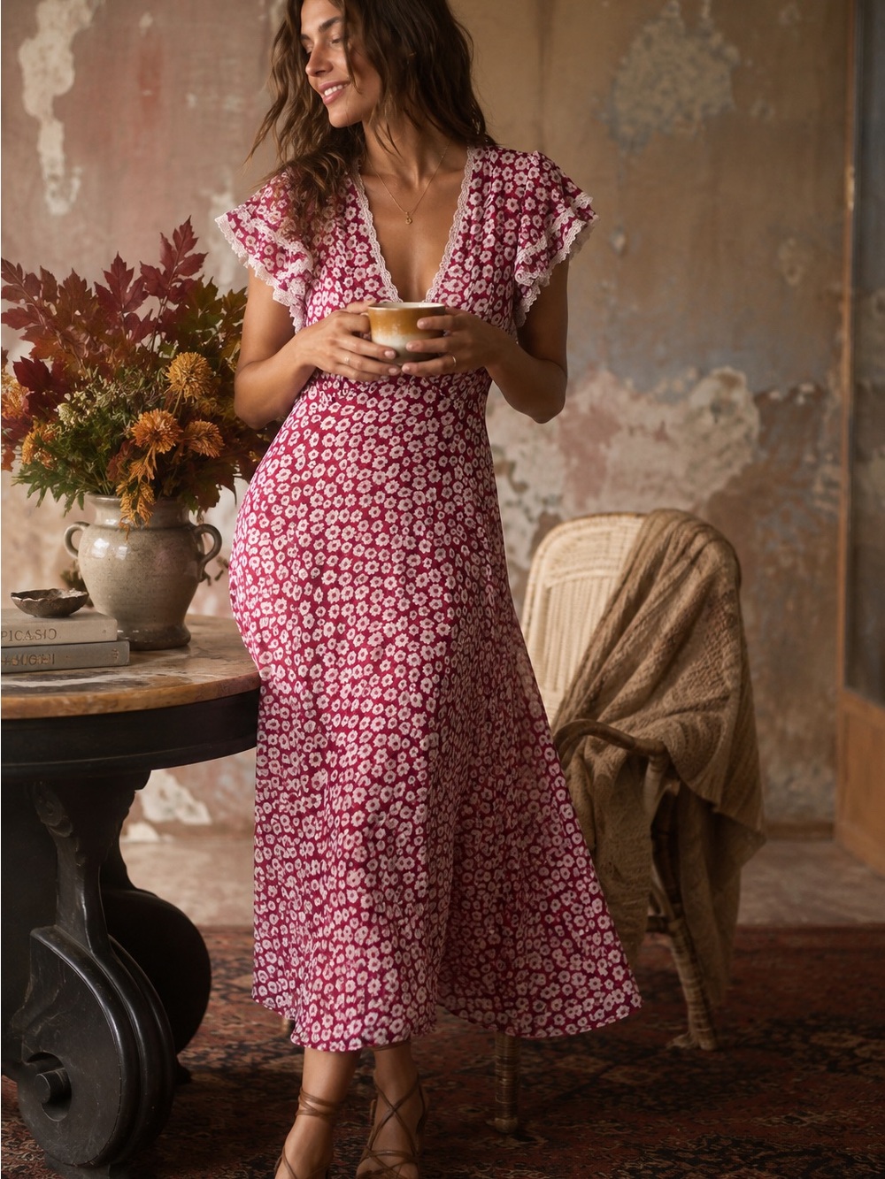 Anthropologie Raspberry Pink Floral Maxi Dress